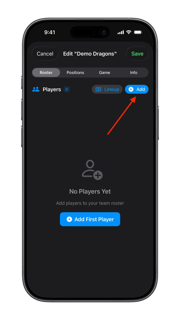 Flag Huddle Player details screen for adding players